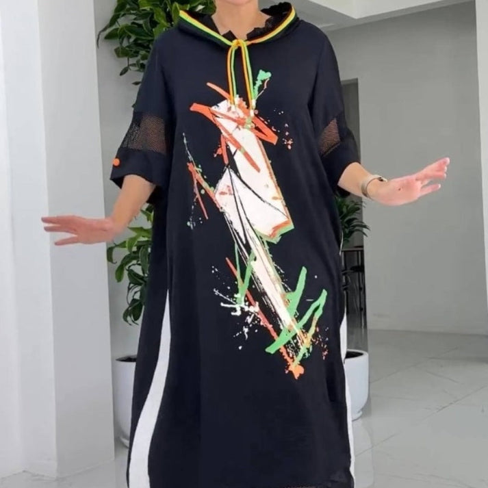 Maria™ | Casual printed dress with hood and drawstring